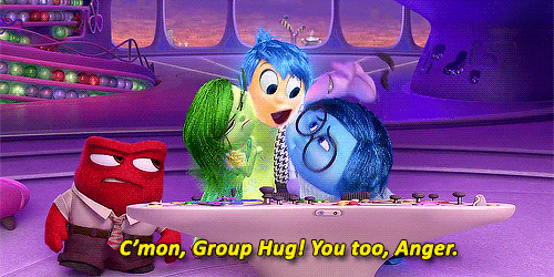 Cartoon characters doing a group hug