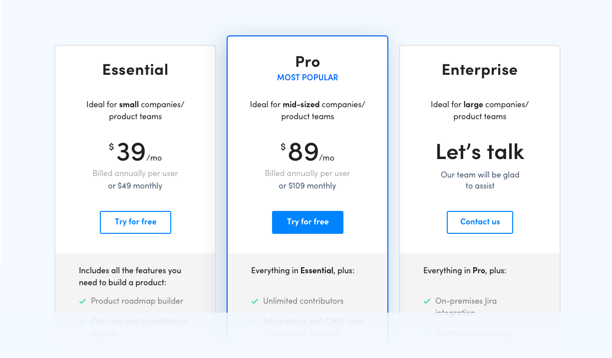 craft.io pricing options. Essential, pro, and enterprise written in white background