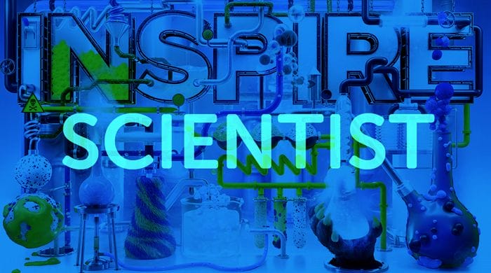 "inspire scientist" written in big blue font with testing tubes in the background