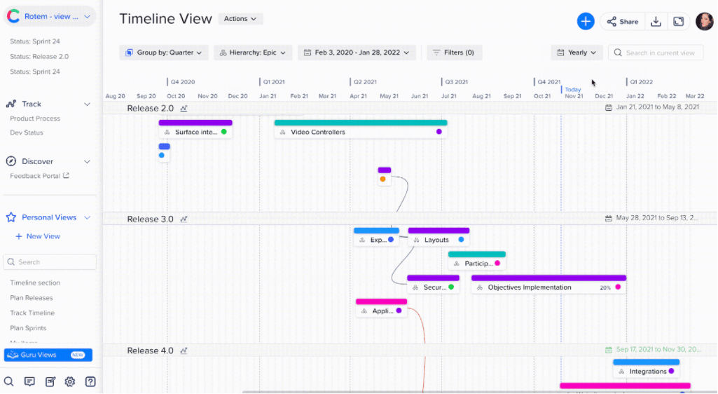 craft.io timeline screenshot new in white and other colors