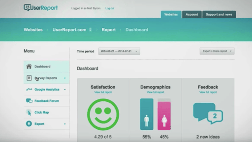 User report log in page with dashboard