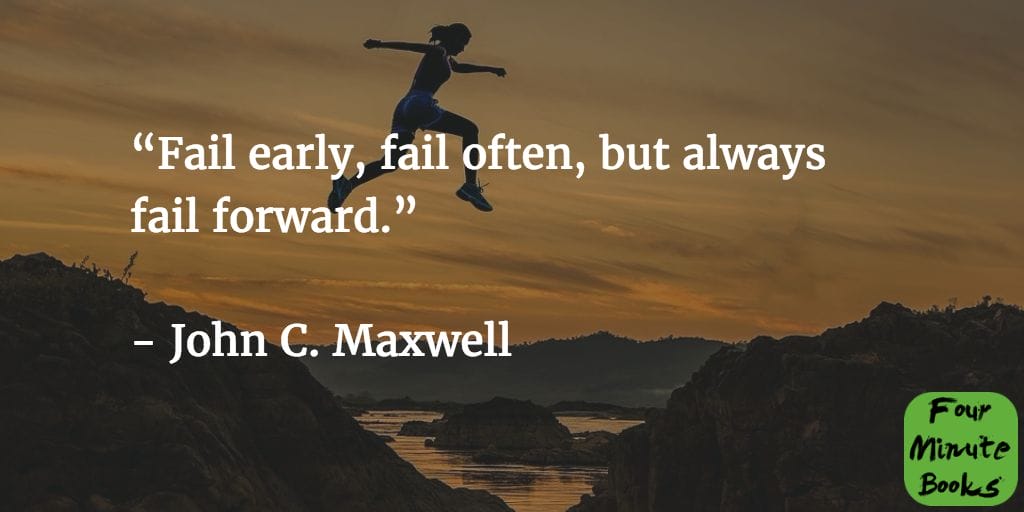 "Fail early, fail often, but always fail forward." - John C. Maxwell quote with woman jumping over cliff over sunset
