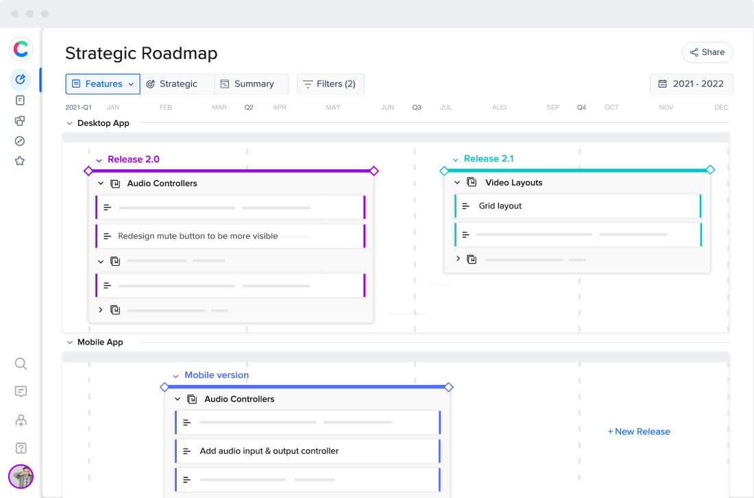 Strategic roadmap dashboard showing options