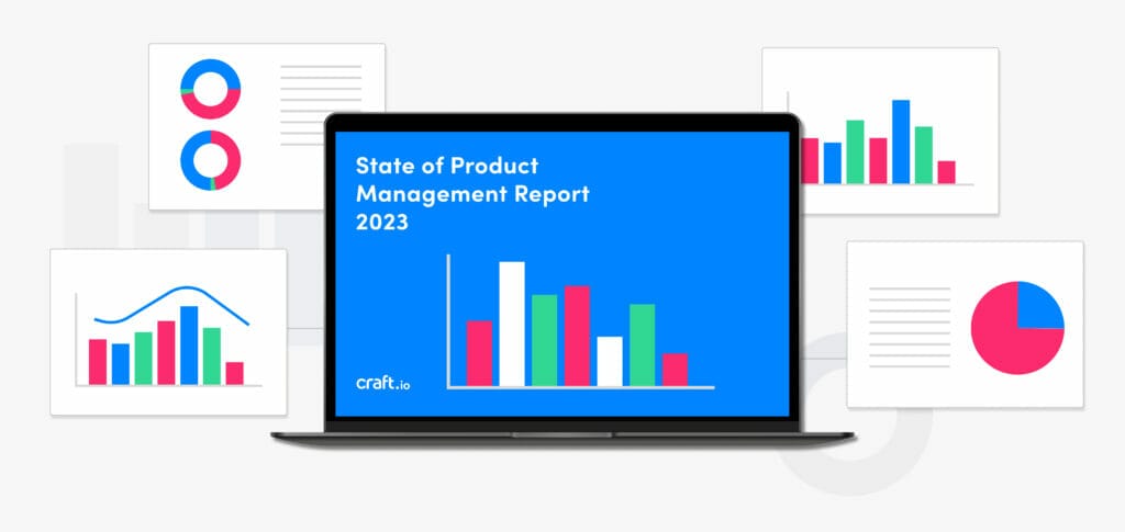 Report Blog "State of product management report 2023" written on computer screen with blue background